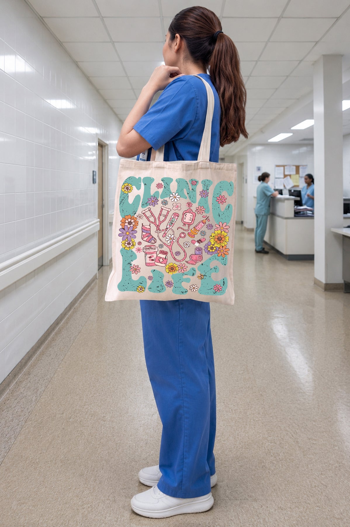 Clinic Life Baskılı Bez Çanta Orta Boy - Krem