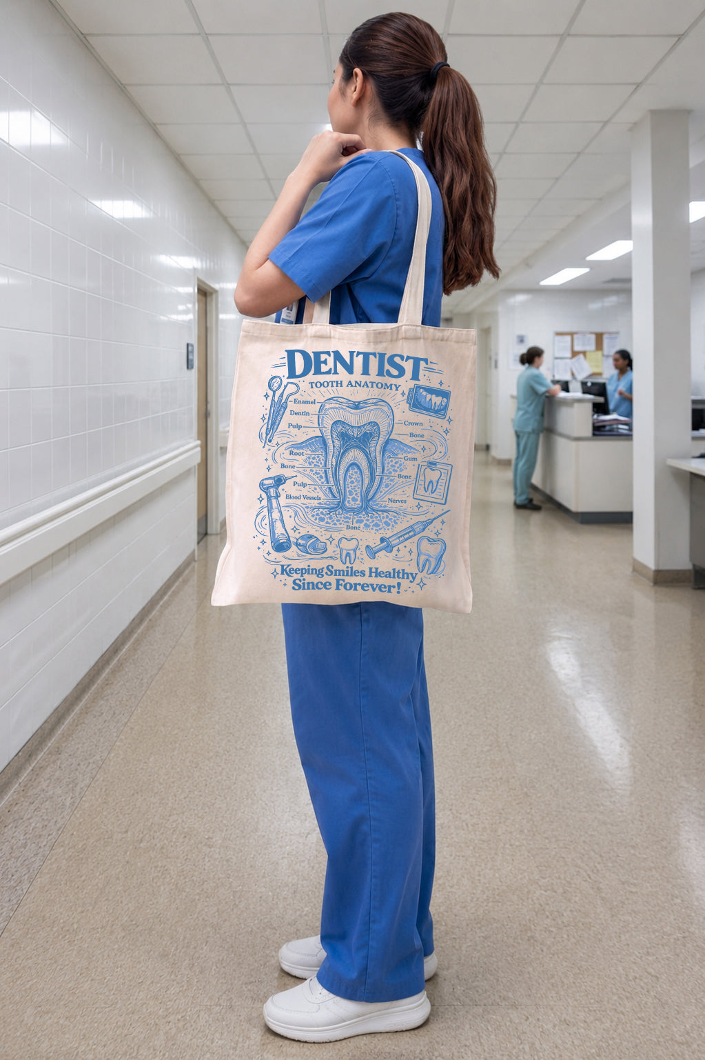 Vintage Diş Anatomisi Baskılı Bez Çanta Orta Boy - Krem