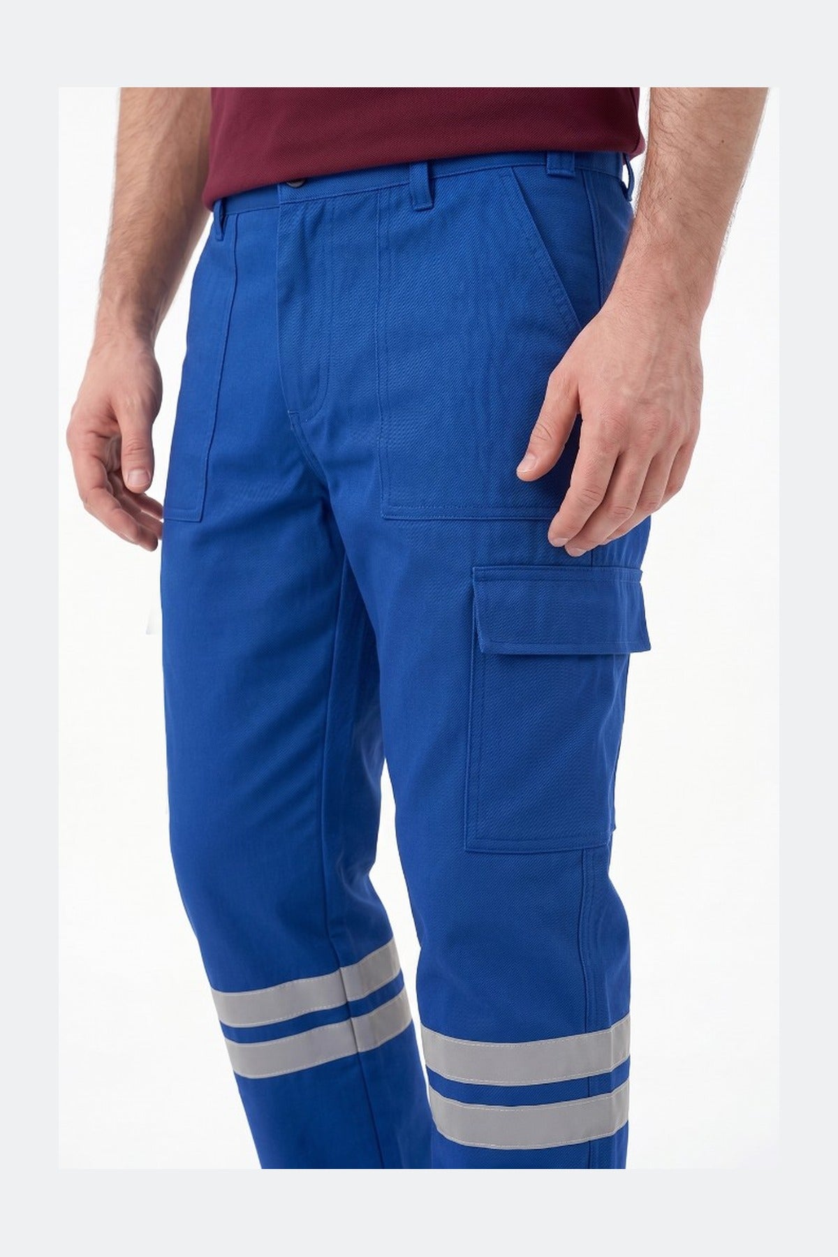 Saks Mavisi Likralı 16/12 Gabardin Kumaş İş Pantolonu-3cm Çift Sıra Reflektörlü