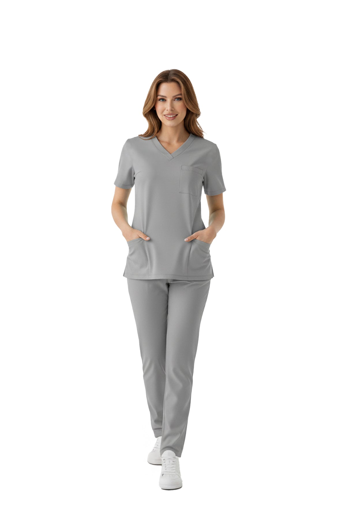 Neutral Gray Dr. Greys Scrubs Takım Lüks Likralı Kumaş
