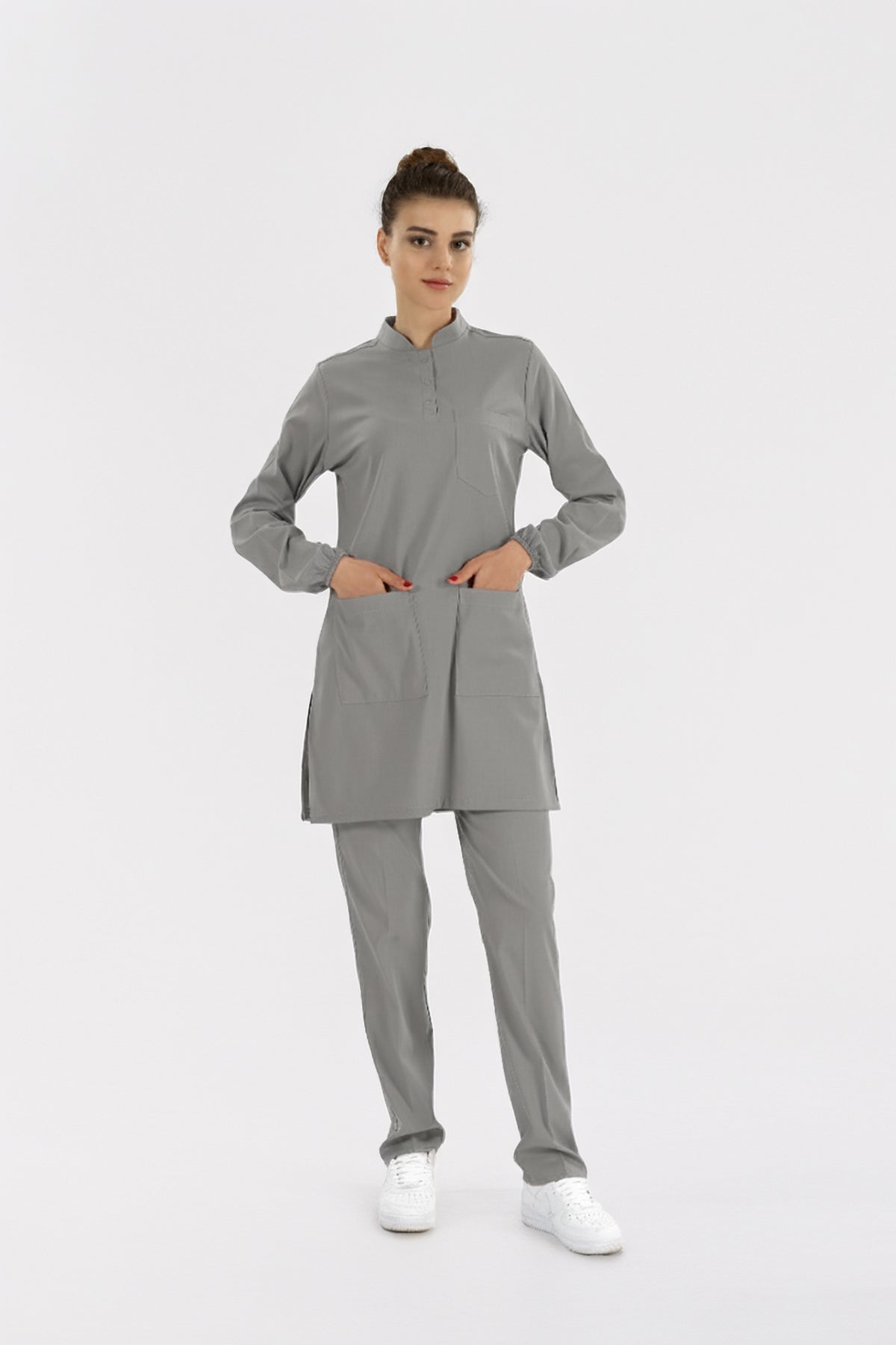 Neutral Gray Tesettür Hakim Yaka Scrubs Takım Lüks Likralı Kumaş