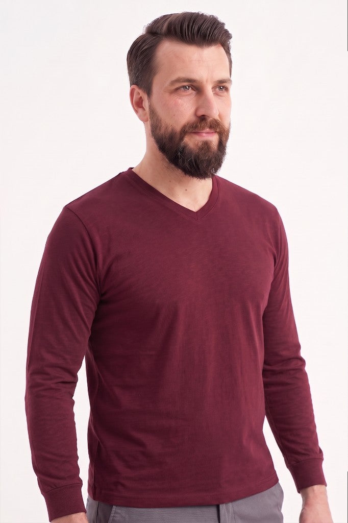 Bordo %100 Pamuk Penye V Yaka Sweatshirt Uzun Kol