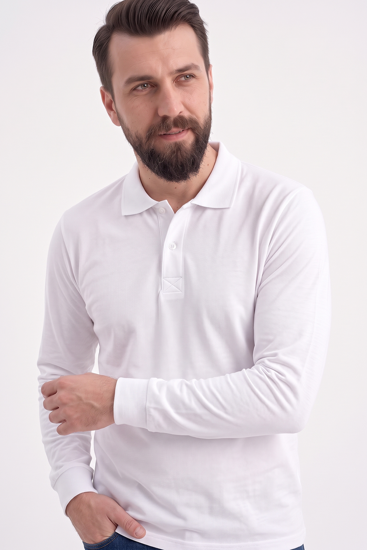 Beyaz Polo Yaka Uzun Kol İş Sweatshirtü Penye Lacoste Kumaş