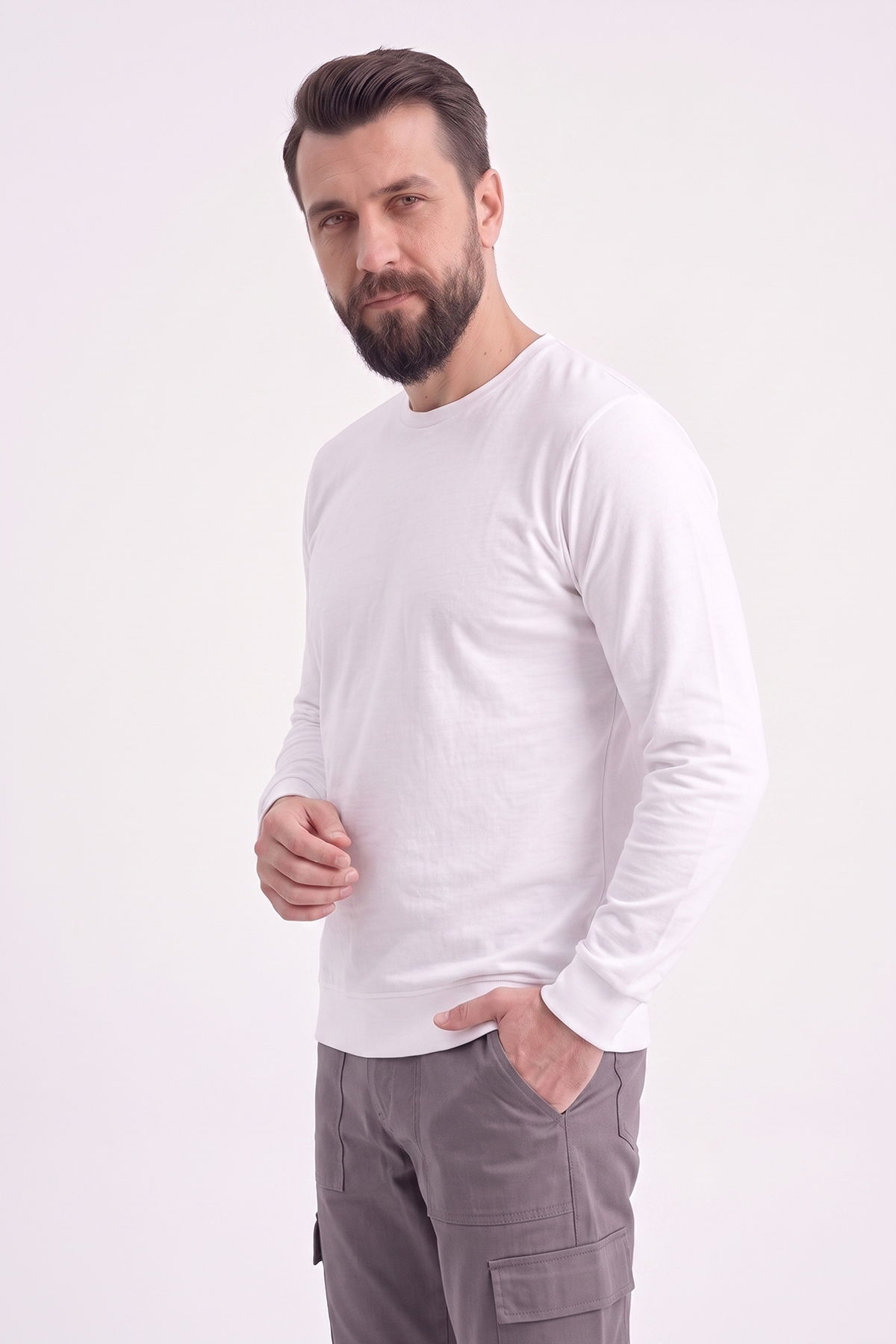 Beyaz Yuvarlak Yaka İş Sweatshirt 2 İplik
