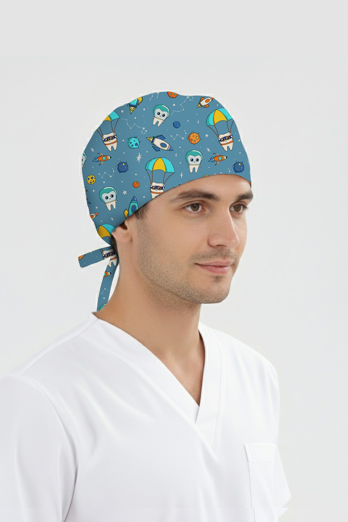 Astronot Dişler Desenli Bone (Cotton Likra Kumaş)