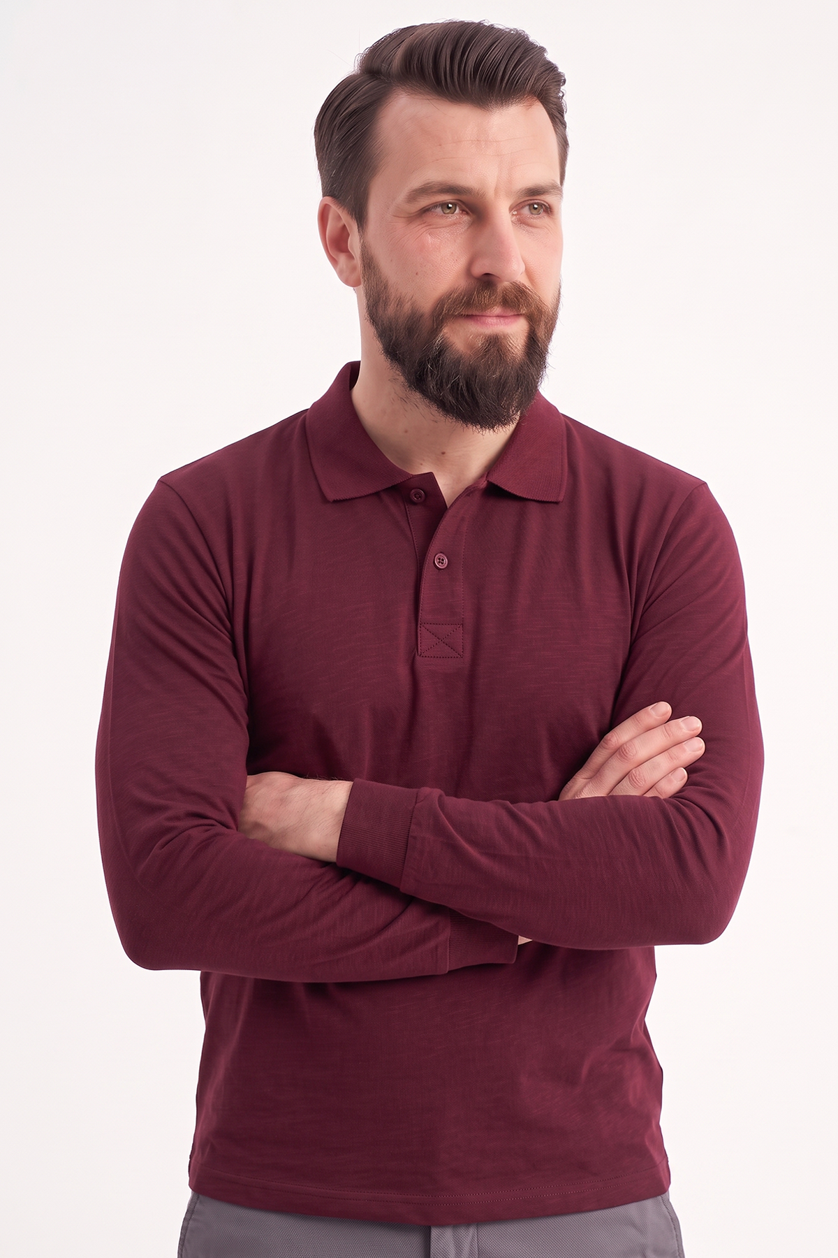 Bordo Polo Yaka Uzun Kol İş Sweatshirtü Penye Lacoste Kumaş