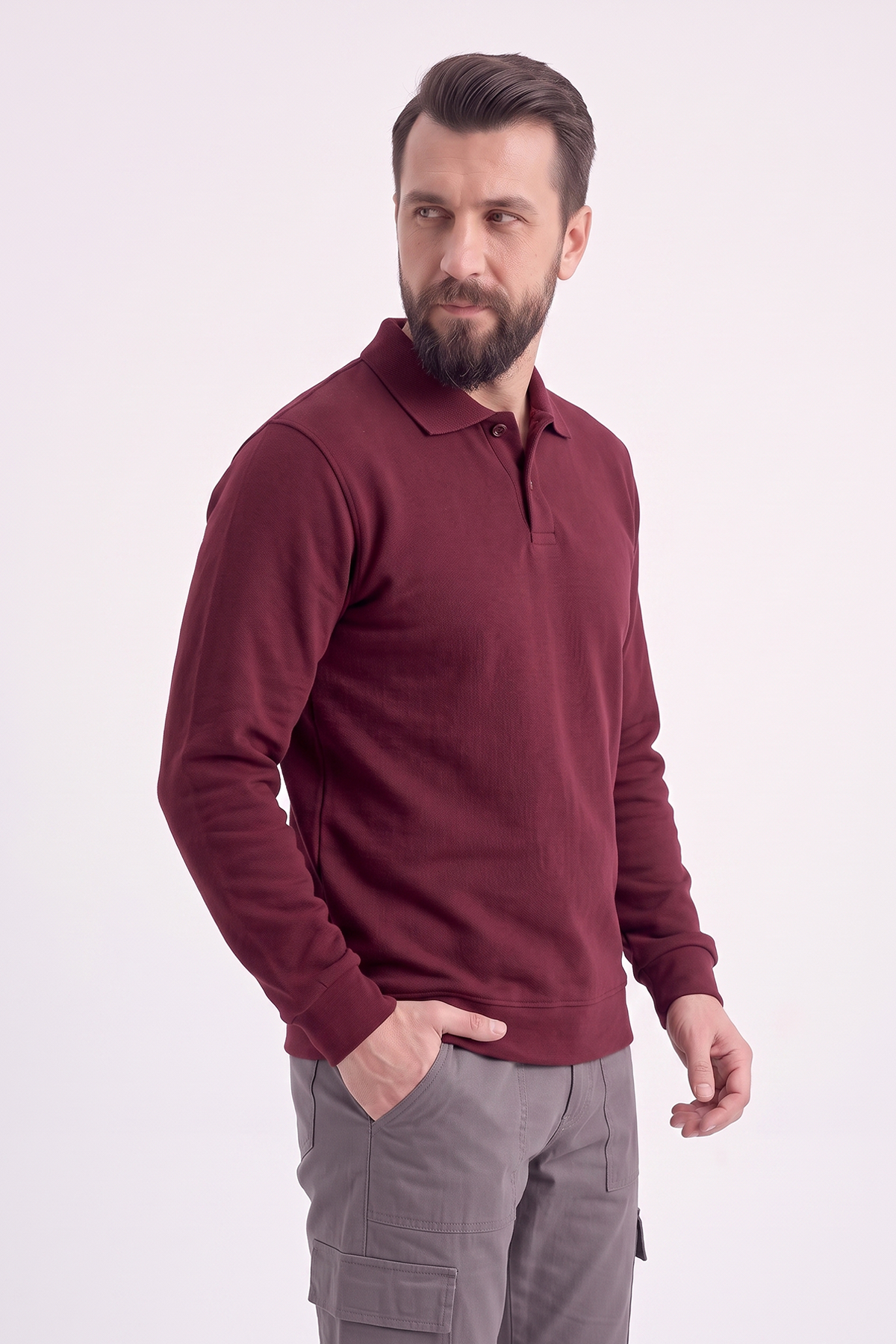 Bordo Polo Yaka İş Sweatshirt 3 İplik