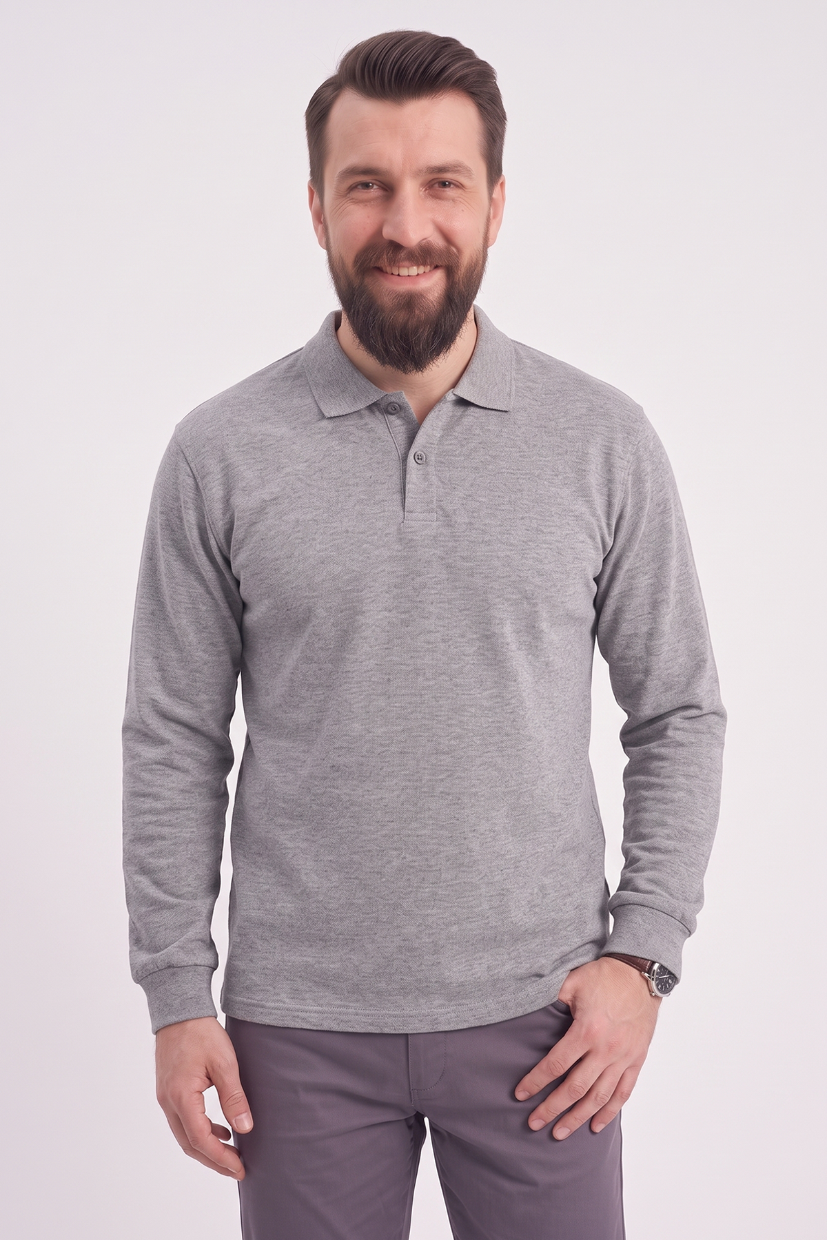 Gri Melanj Polo Yaka İş Sweatshirt 2 İplik