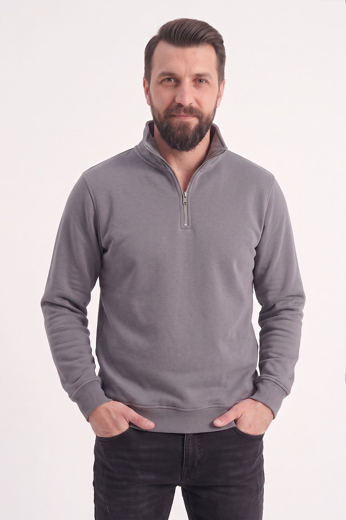 Gri Dik Yaka Yarım Fermuarlı İş Sweatshirt 3 İplik