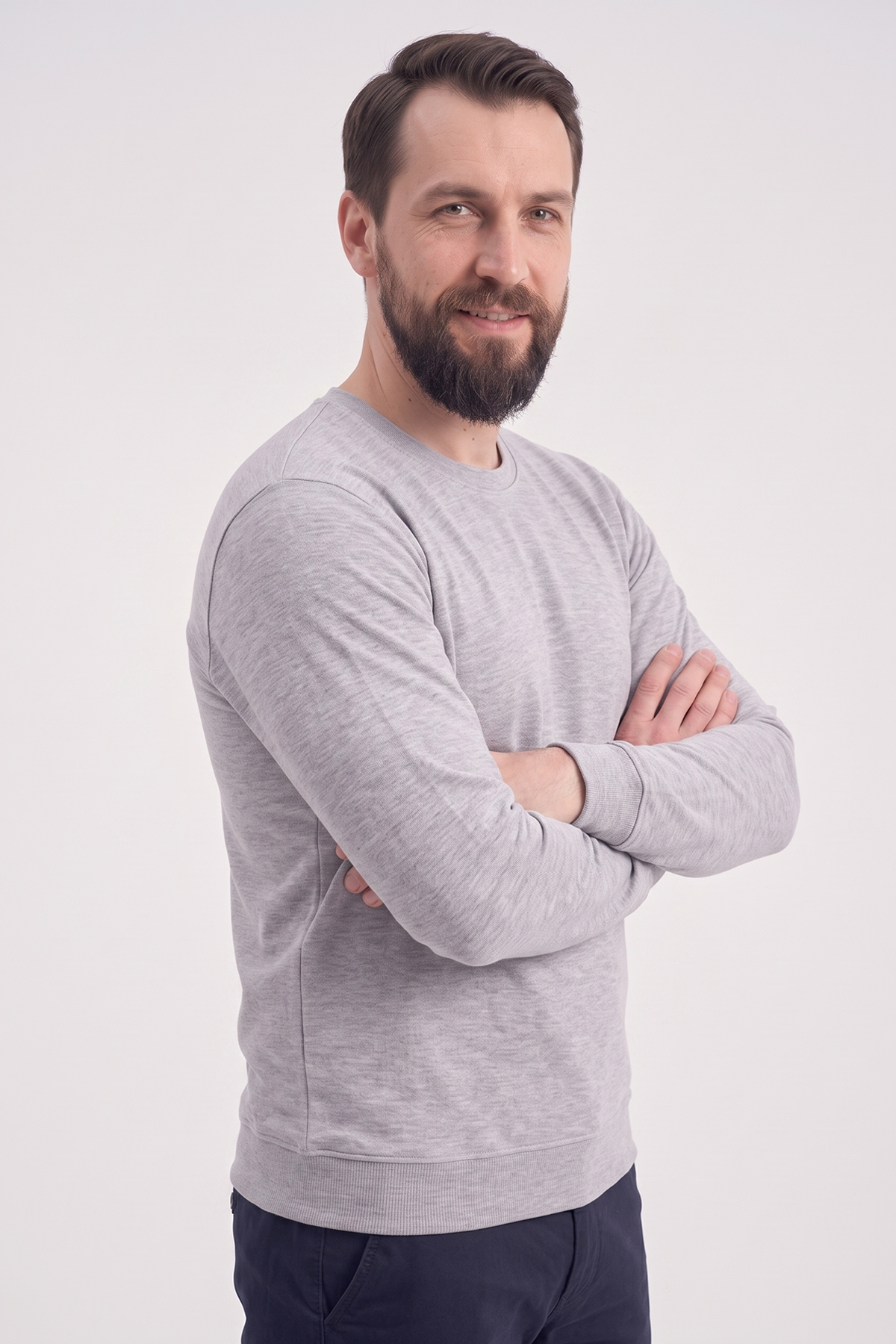 Gri Melanj Yuvarlak Yaka İş Sweatshirt 2 İplik