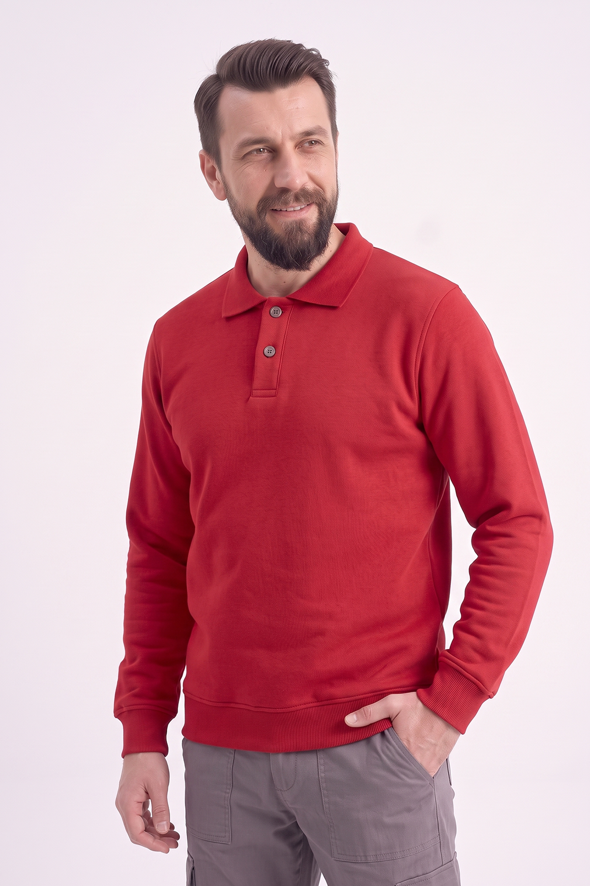 Kırmızı Polo Yaka İş Sweatshirt 3 İplik Şardonlu