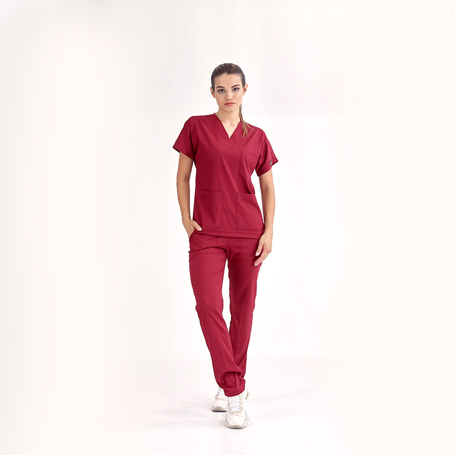 Bordo Dr. Greys Scrubs Takım Lüks Likralı Kumaş