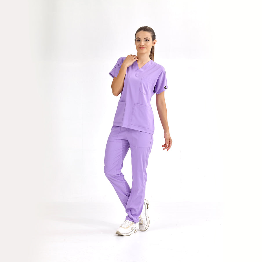 Lila Dr. Greys Scrubs Takım Lüks Likralı Kumaş