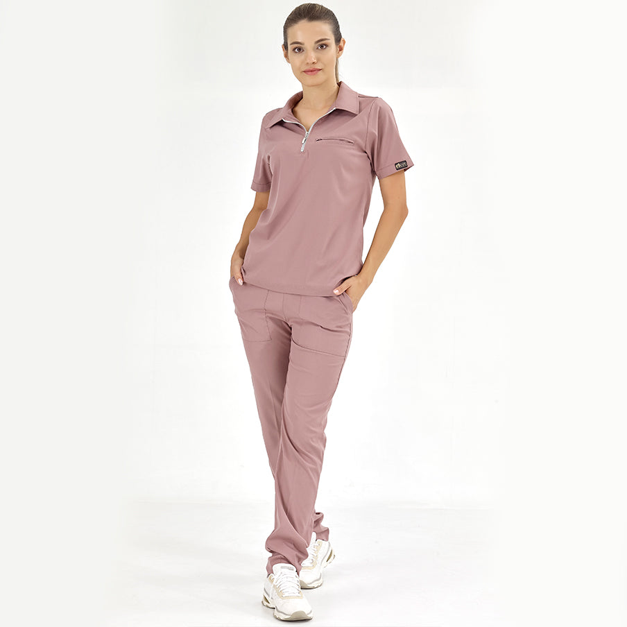 Gül Kurusu Polo Yaka Scrubs Takım Lüks Likralı Kumaş