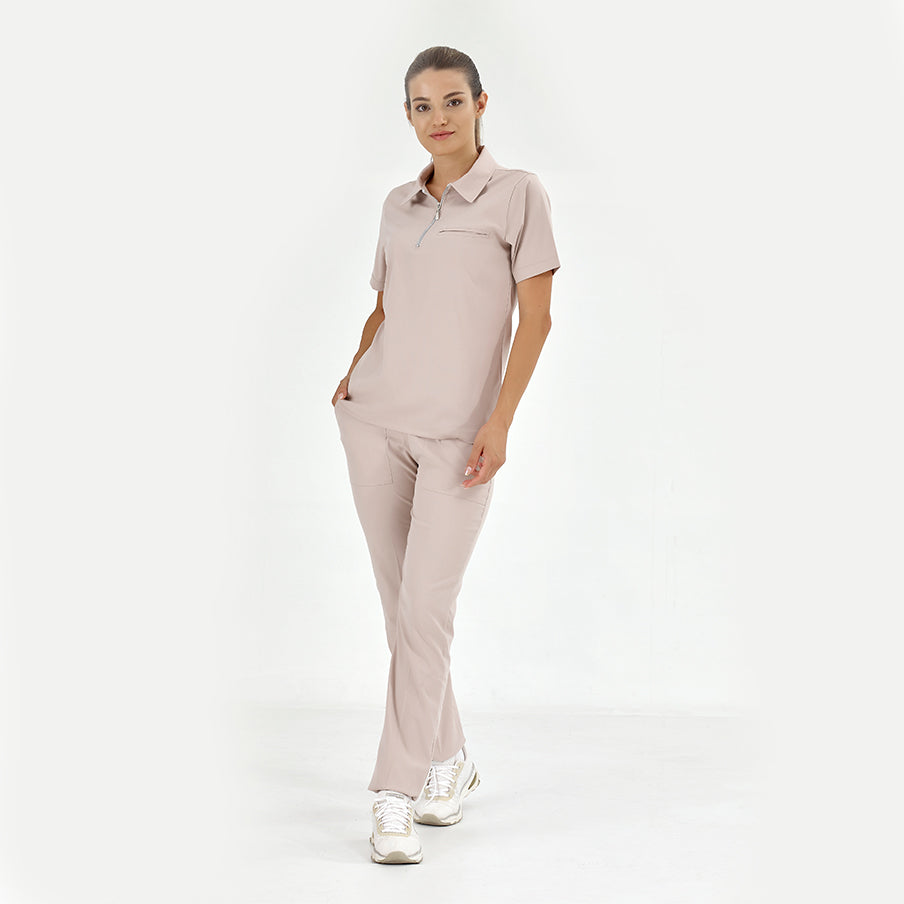 Krem Polo Yaka Scrubs Takım Lüks Likralı Kumaş
