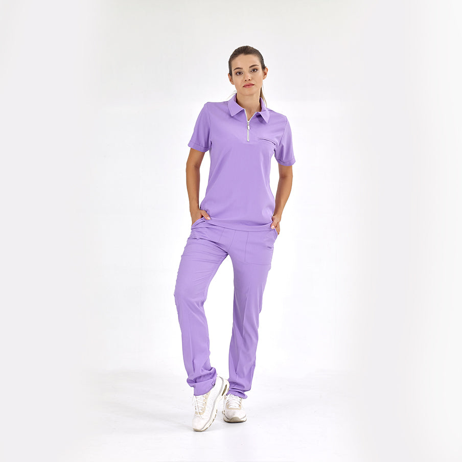Lila Polo Yaka Scrubs Takım Lüks Likralı Kumaş