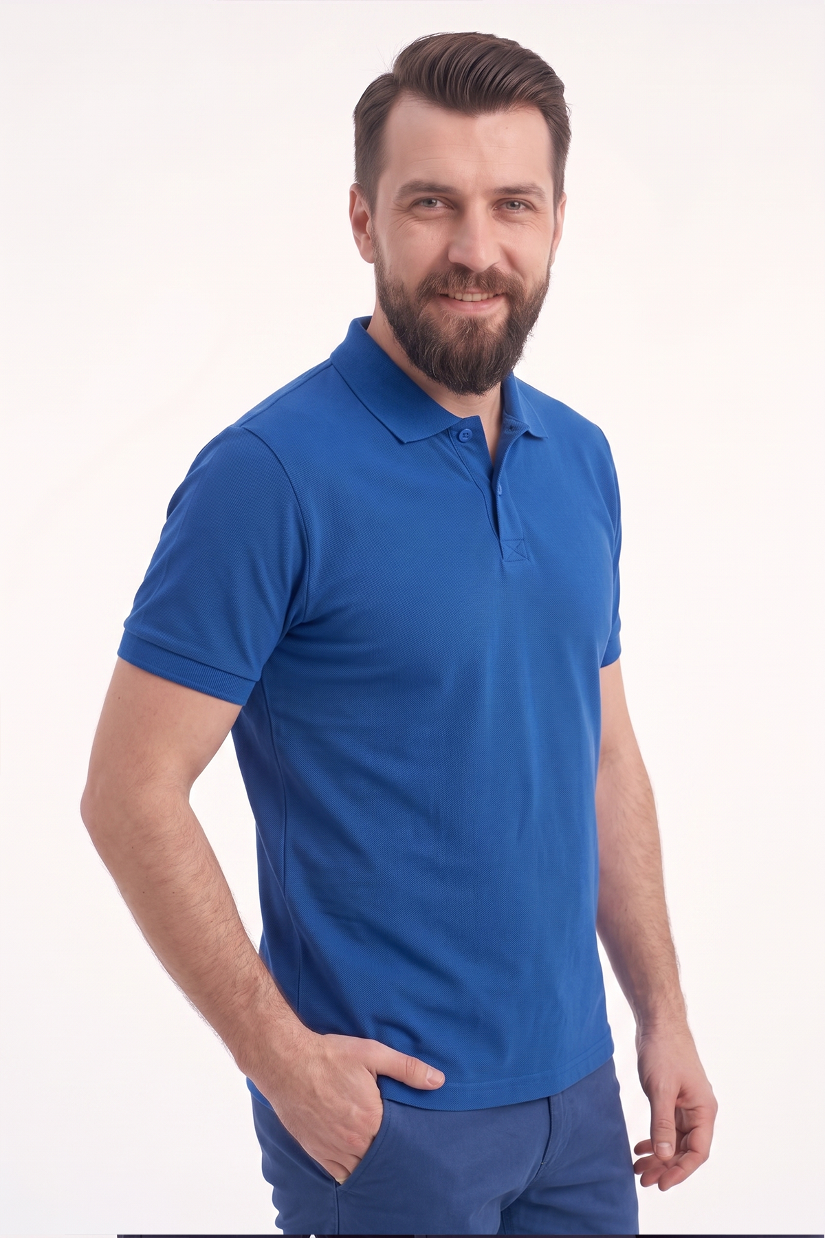 Saks Mavisi Polo Yaka Kısa Kol İş Tişörtü Penye Lacoste Kumaş