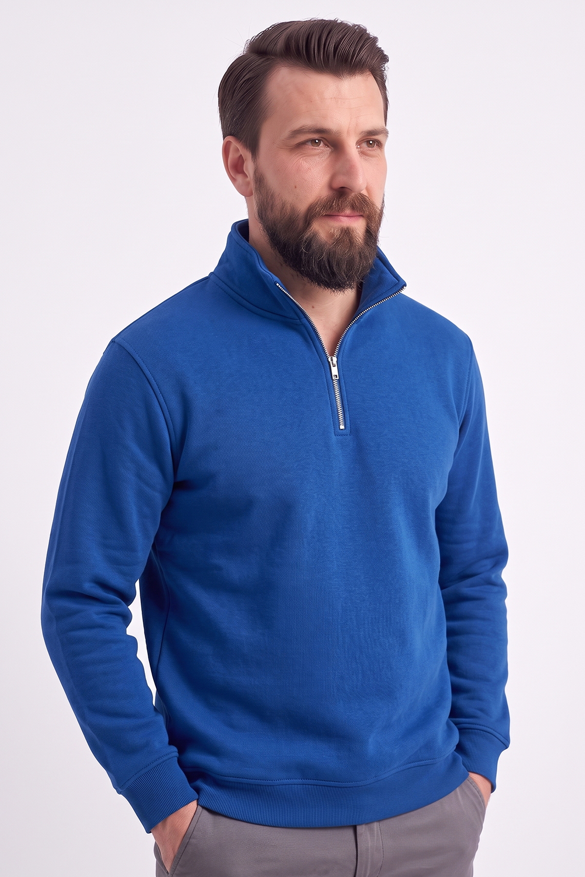 Saks Mavisi Dik Yaka Yarım Fermuarlı İş Sweatshirt 3 İplik