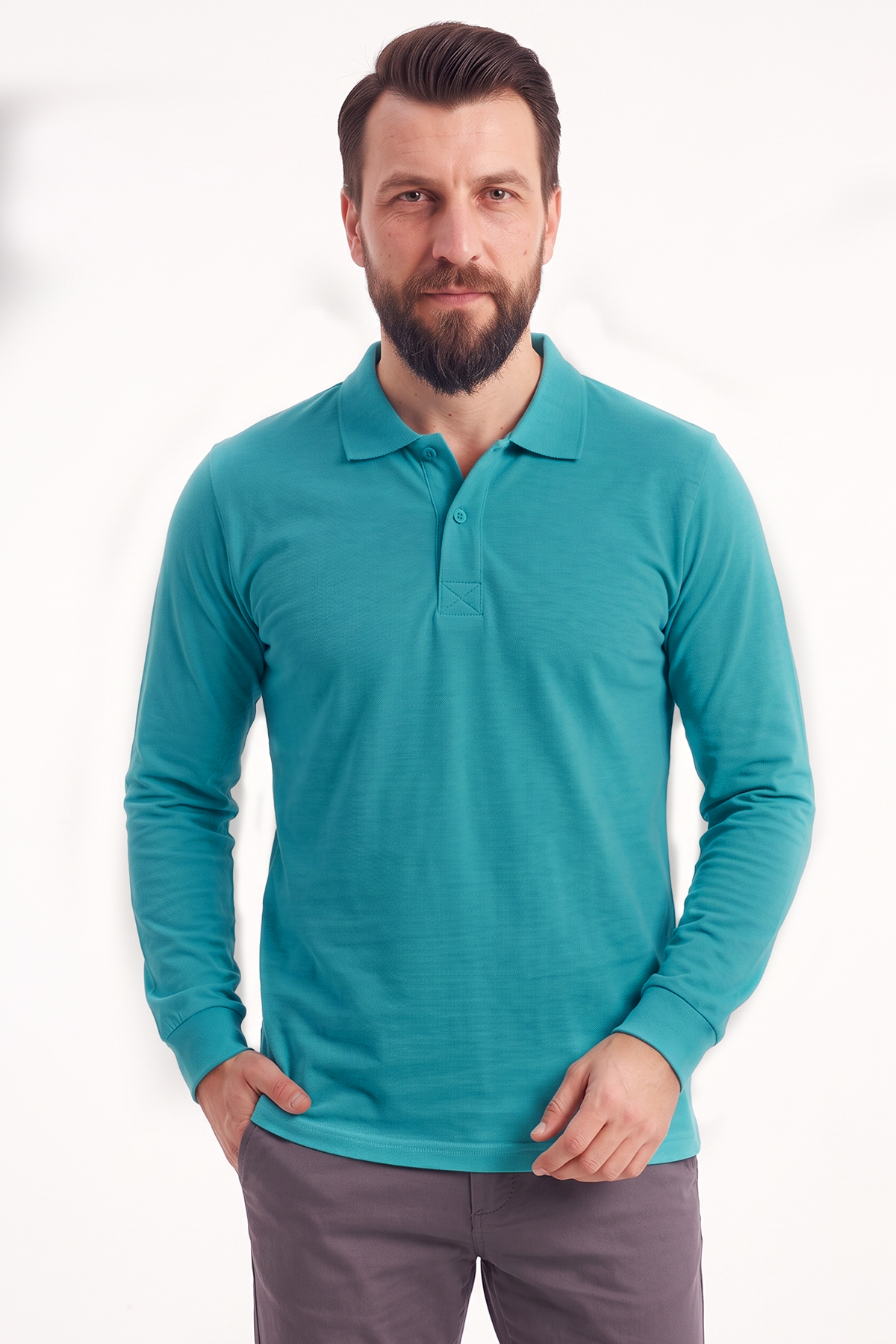 Turkuaz Polo Yaka Uzun Kol İş Sweatshirtü Penye Lacoste Kumaş