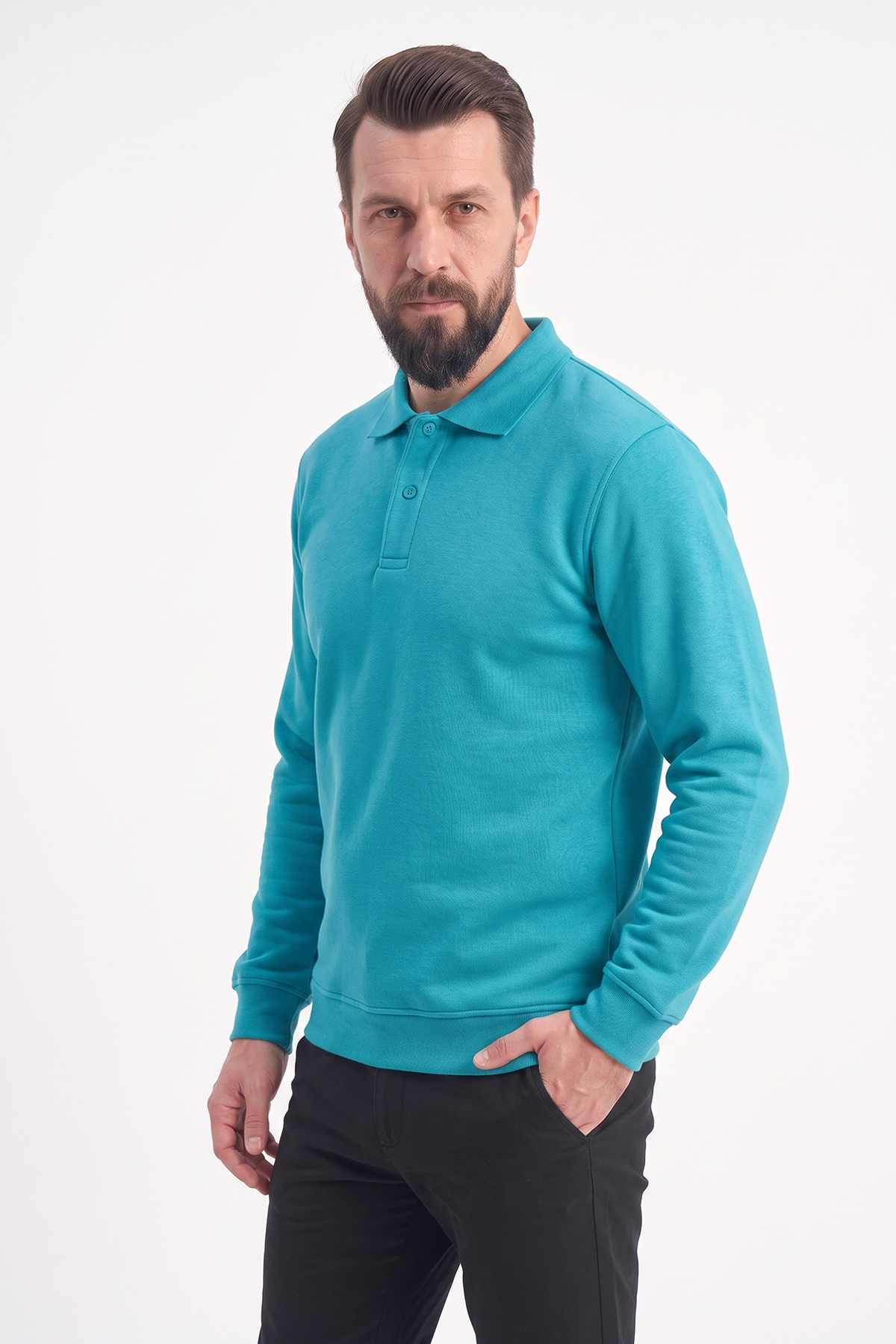 Turkuaz Polo Yaka İş Sweatshirt 3 İplik Şardonlu