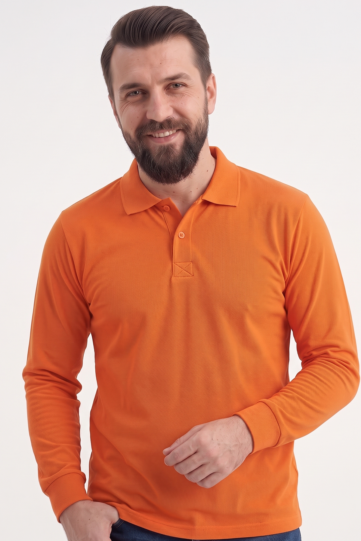 Turuncu Polo Yaka Uzun Kol İş Sweatshirtü Penye Lacoste Kumaş