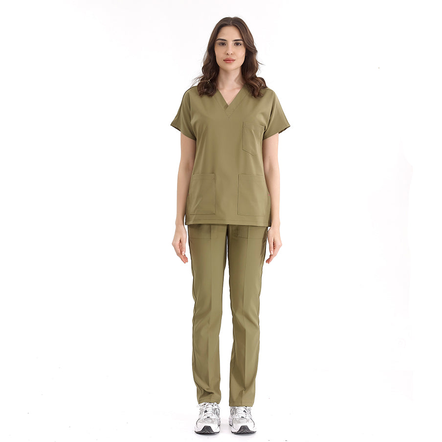 Haki Dr. Greys Scrubs Takım Lüks Likralı Kumaş