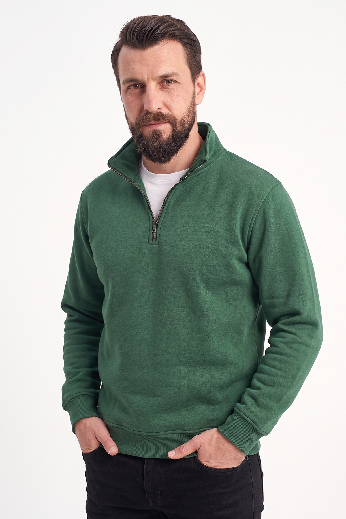 Avcı Yeşili Dik Yaka Yarım Fermuarlı İş Sweatshirt 3 İplik
