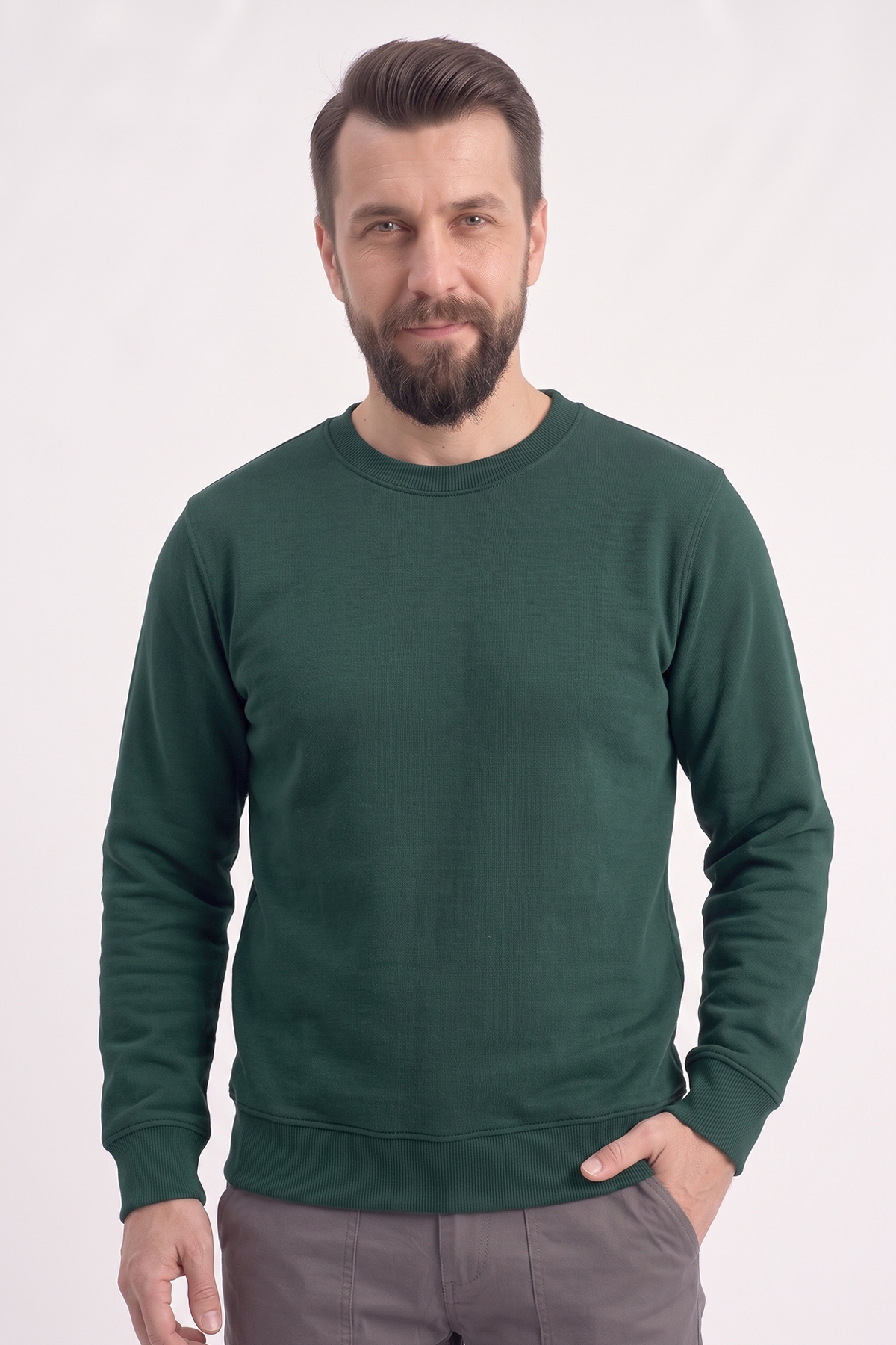 Avcı Yeşili Yuvarlak Yaka İş Sweatshirt 3 İplik Şardonlu