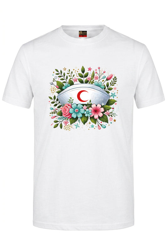 Botanik Hemşire Kep Baskılı Kısa Kol Beyaz Tişört (%100 Pamuk Penye Kumaş)