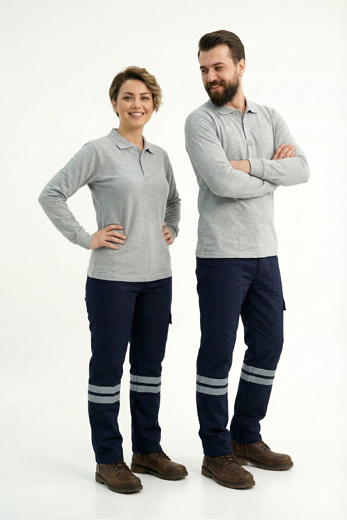 Gri Melanj Polo Yaka Uzun Kol İş Sweatshirtü Penye Lacoste Kumaş