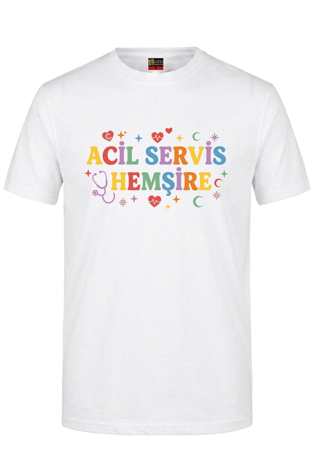Acil Servis Hemşire Baskılı Kısa Kol Beyaz Tişört (%100 Pamuk Penye Kumaş)