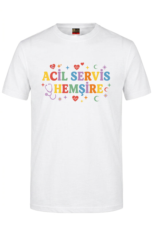 Acil Servis Hemşire Baskılı Kısa Kol Beyaz Tişört (%100 Pamuk Penye Kumaş)