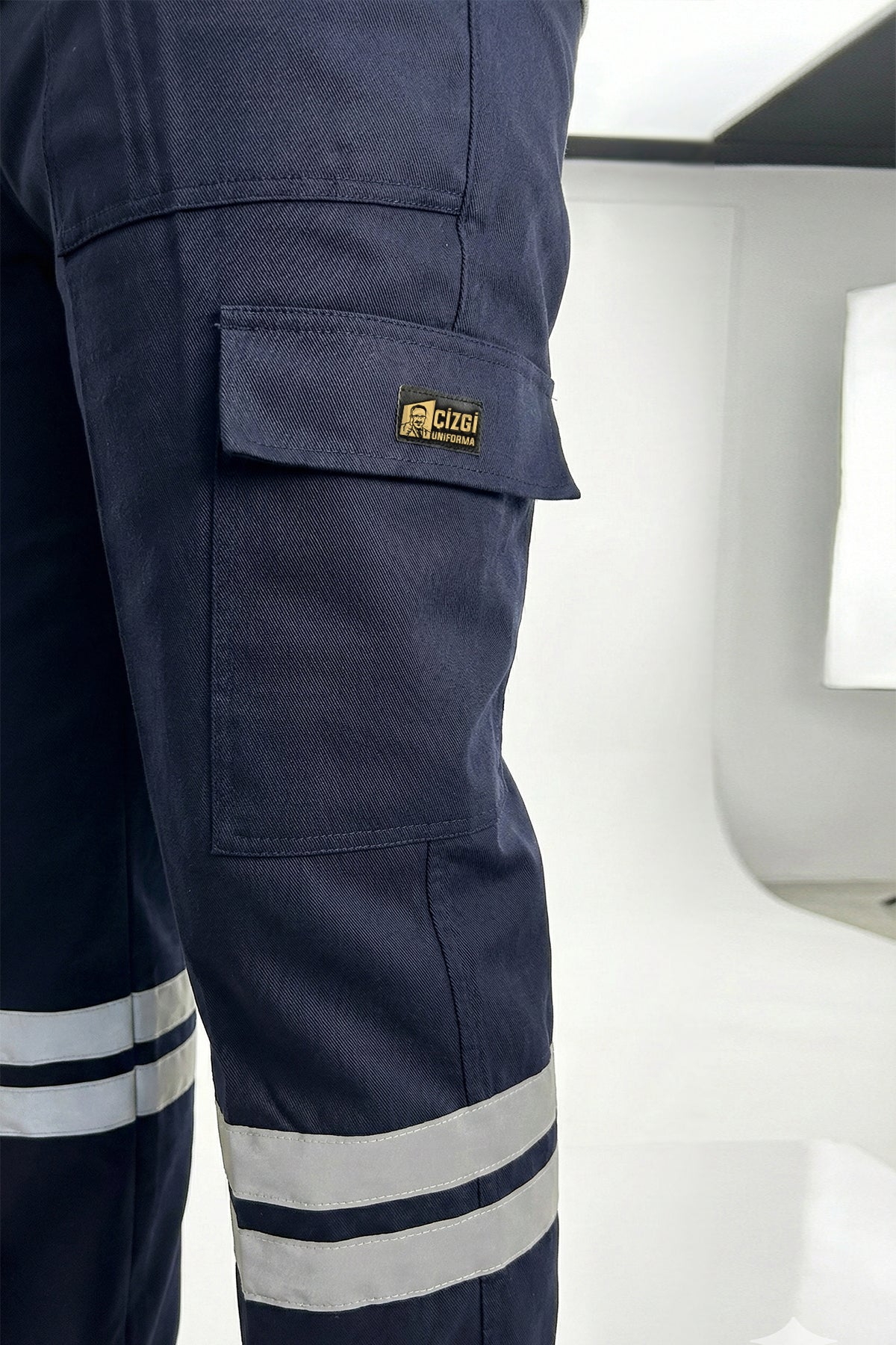 Lacivert 16/12 Gabardin Kumaş İş Pantolonu-3cm Çift Sıra Reflektörlü