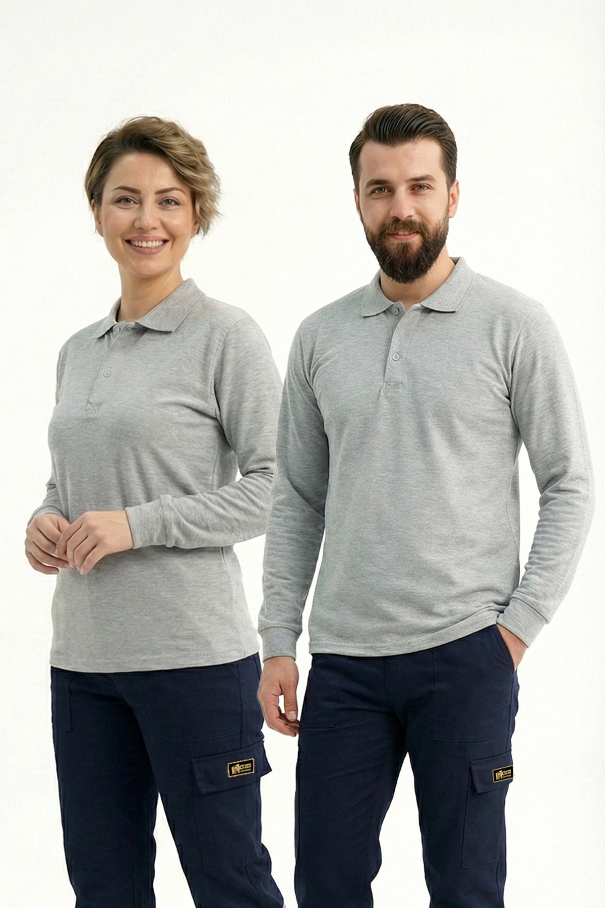Gri Melanj Polo Yaka Uzun Kol İş Sweatshirtü Penye Lacoste Kumaş