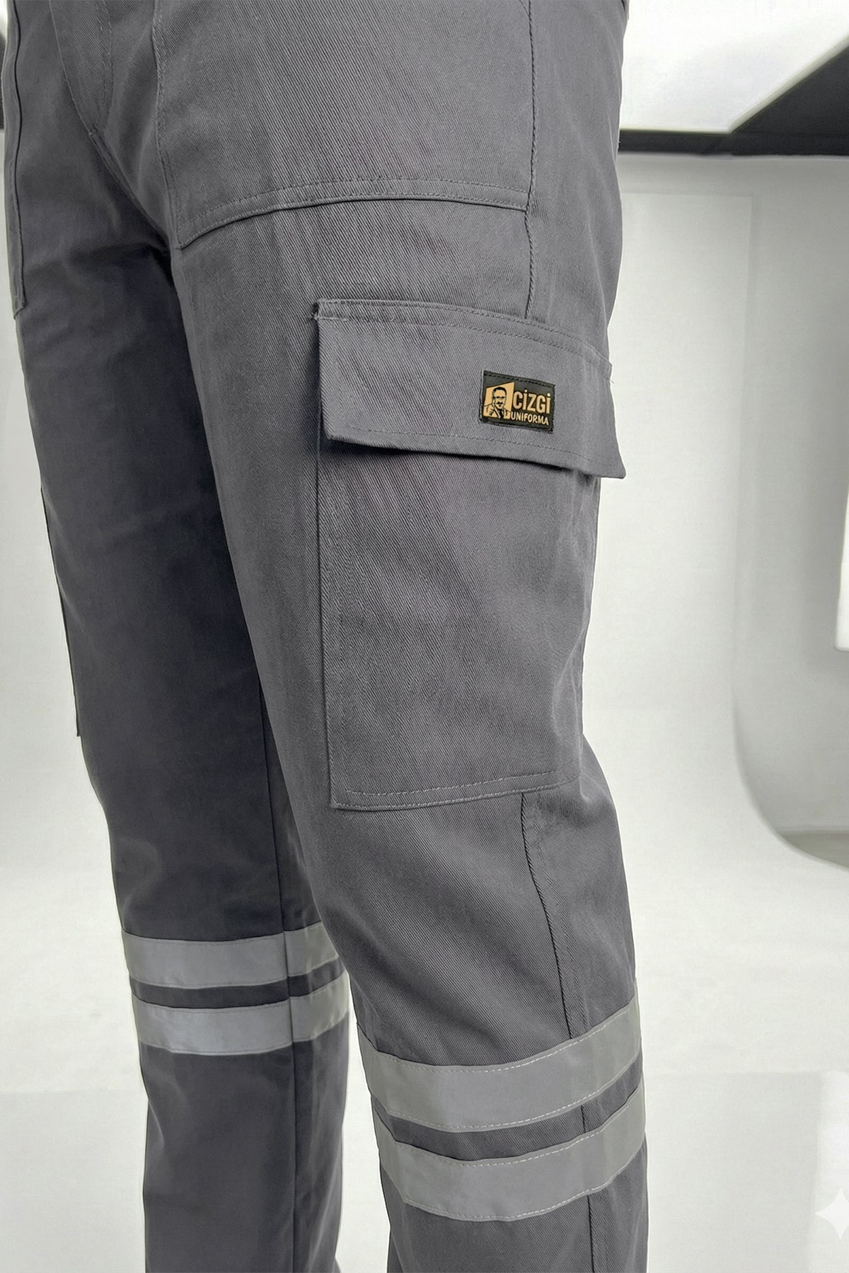 Gri 16/12 Gabardin Kumaş İş Pantolonu-3cm Çift Sıra Reflektörlü