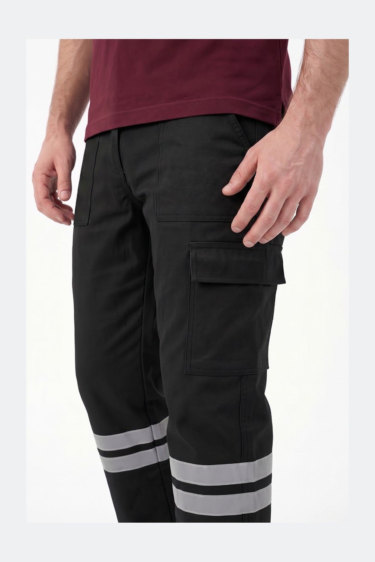 Siyah Likralı 16/12 Gabardin Kumaş İş Pantolonu-3cm Çift Sıra Reflektörlü