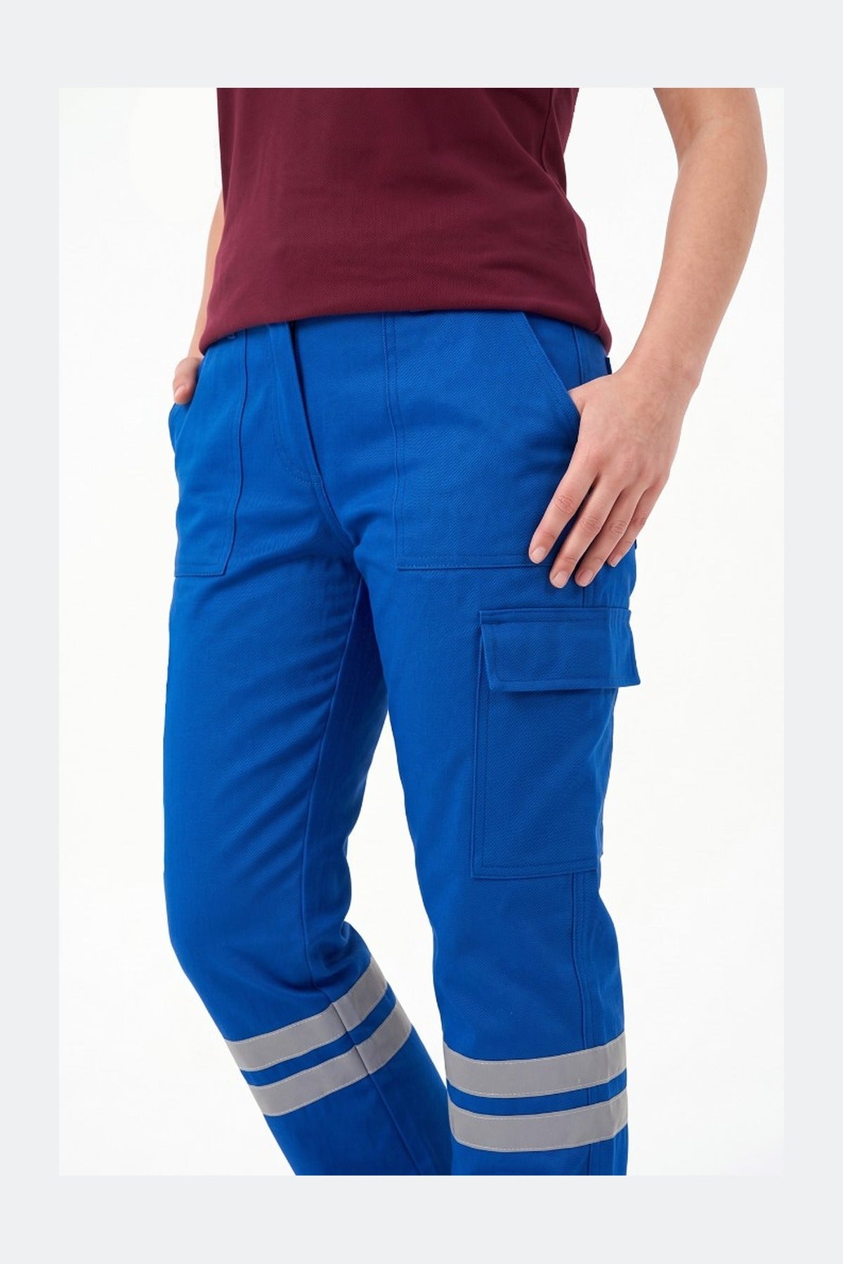 Saks Mavisi Likralı 16/12 Gabardin Kumaş İş Pantolonu-3cm Çift Sıra Reflektörlü