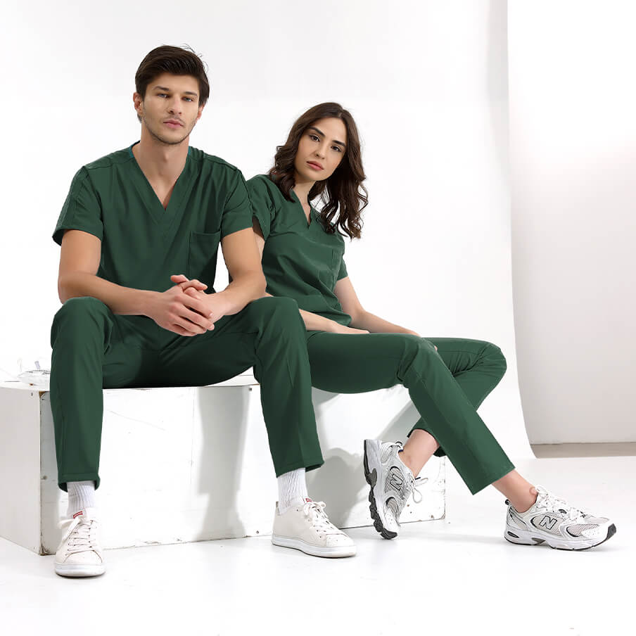Avcı Yeşili Dr. Greys  Scrubs Takım Lüks Likralı Kumaş