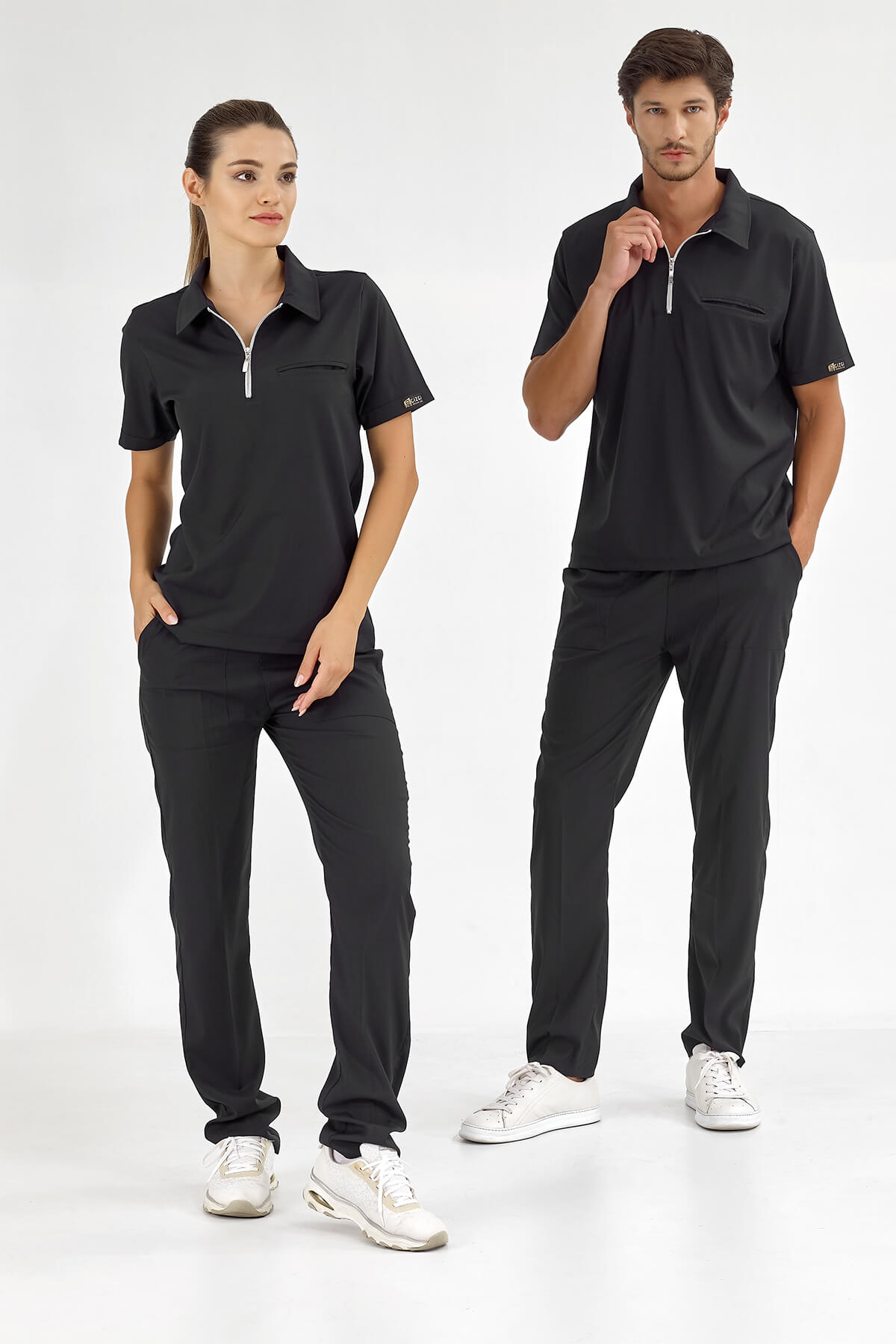 Siyah Polo Yaka  Scrubs Takım Lüks Likralı Kumaş