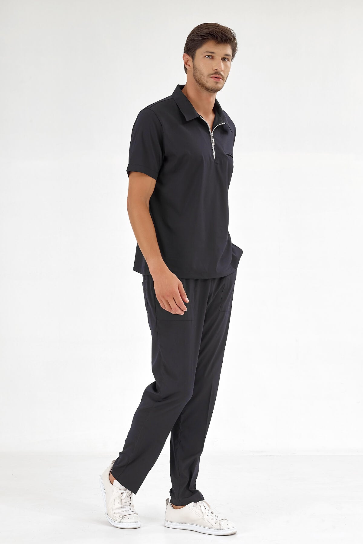 Siyah Polo Yaka  Scrubs Takım Lüks Likralı Kumaş