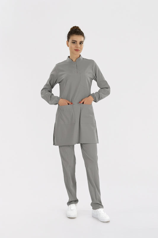 Neutral Gray Tesettür Hakim Yaka  Scrubs Takım Lüks Likralı Kumaş
