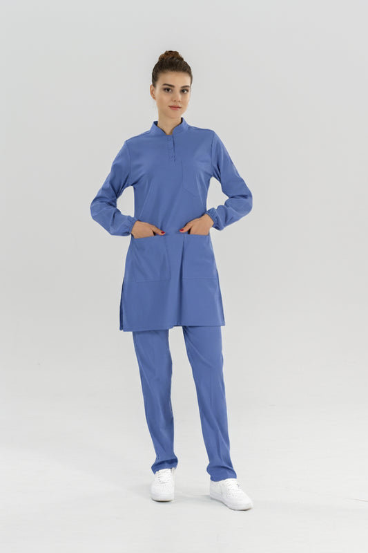 Dazzling Blue Tesettür Hakim Yaka  Scrubs Takım Lüks Likralı Kumaş