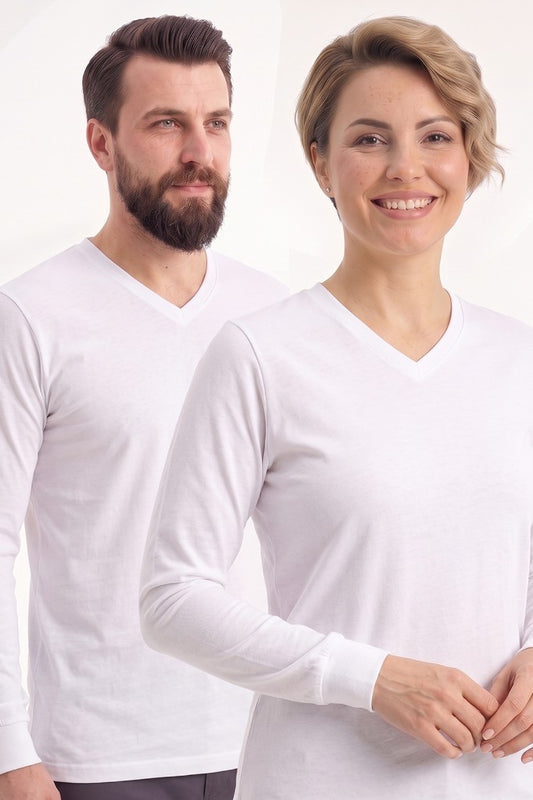 Beyaz %100 Pamuk Penye V Yaka Sweatshirt Uzun Kol