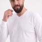 Beyaz %100 Pamuk Penye V Yaka Sweatshirt Uzun Kol