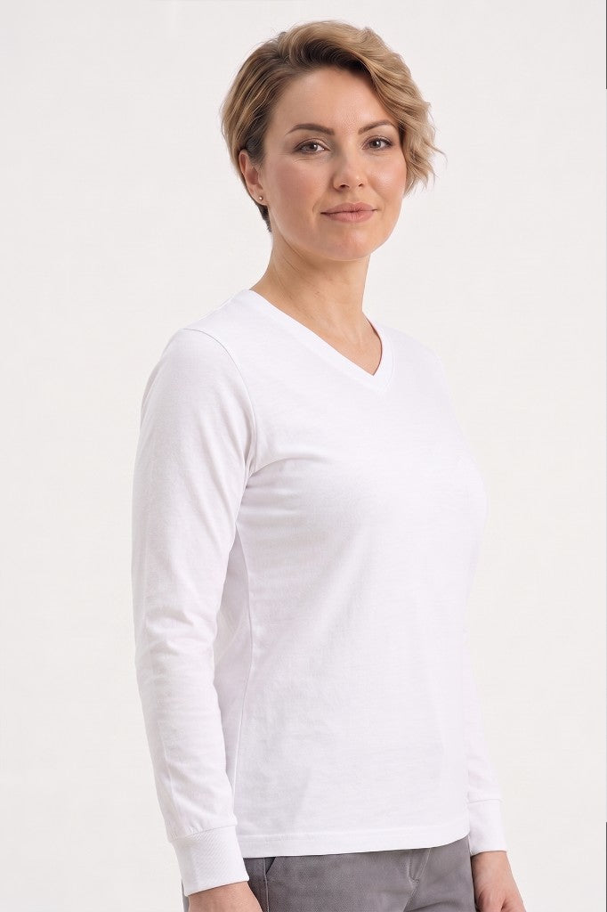 Beyaz %100 Pamuk Penye V Yaka Sweatshirt Uzun Kol
