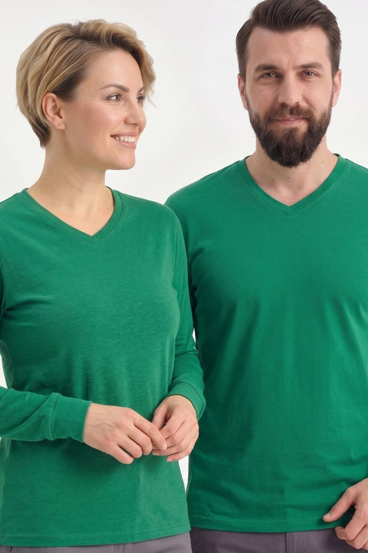 Brezilya Yeşili %100 Pamuk Penye V Yaka Sweatshirt Uzun Kol