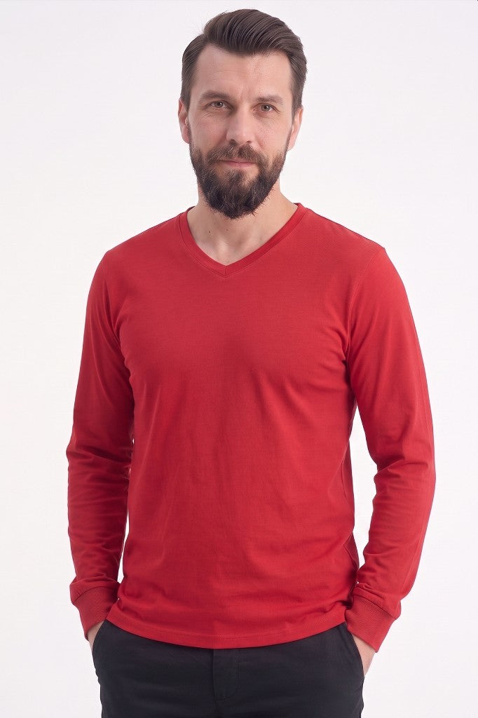 Kırmızı %100 Pamuk Penye V Yaka Sweatshirt Uzun Kol