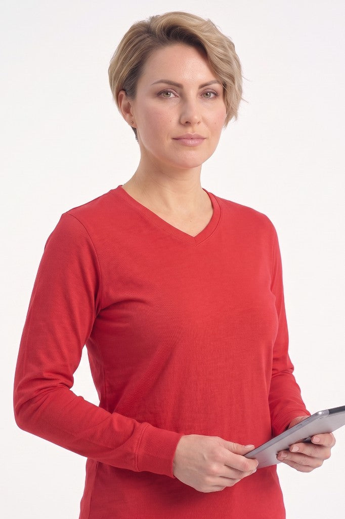 Kırmızı %100 Pamuk Penye V Yaka Sweatshirt Uzun Kol