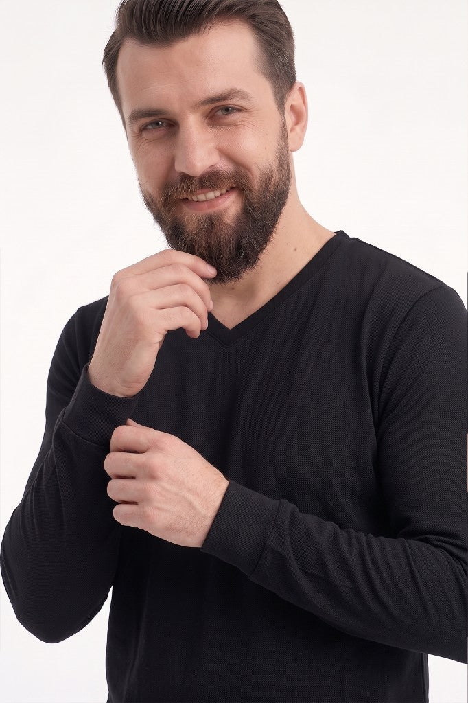 Siyah %100 Pamuk Penye V Yaka Sweatshirt Uzun Kol
