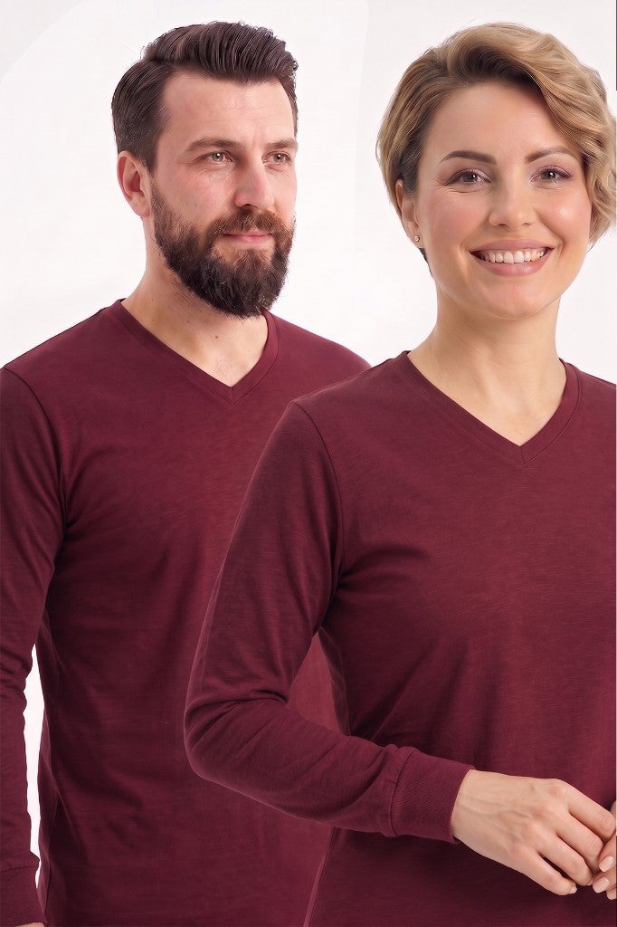 Bordo %100 Pamuk Penye V Yaka Sweatshirt Uzun Kol